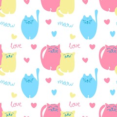 Cute hand drawn seamless pattern with colorful cats, heart, quote love, meowe isolated on white background. Vector flat illustration. Design for wrapping paper, wallpaper, baby clothing, fabric