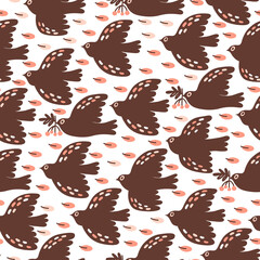Seamless pattern with birds and autumn leaves. Great for fabric, textile, wrapping paper. Vector Illustration