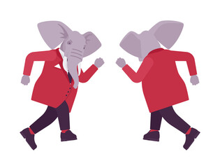 Elephant man, elegant mister, animal head stylish human running. Dressed up gentleman having large trunk, ivory tusks, wearing jacket. Vector flat style cartoon illustration, front and rear viewrunn