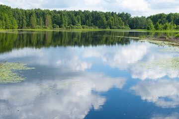 Reflection of the sky in the lake in summer