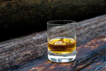 Glass of strong scotch single malt whisky on old log soaked in creosote