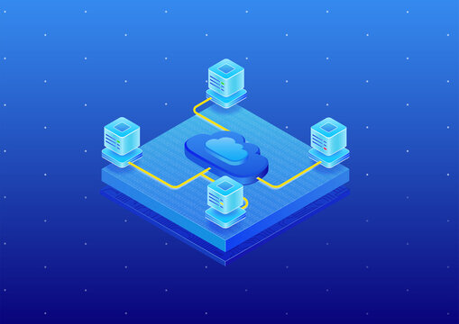 Cloud Computing platform with data centers. 3d isometric vector illustration of cloud platform such as PaaS, SaaS, IaaS. 