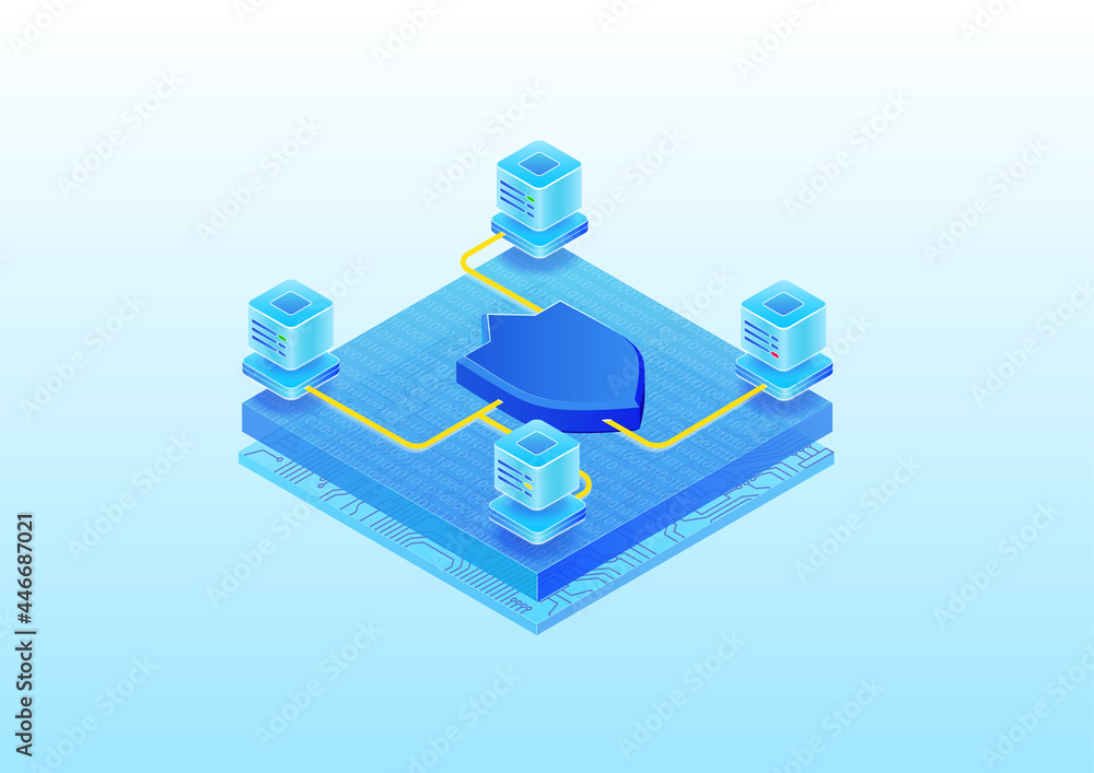 Poster it security concept for data centers. isometric 3d vector illustration of security symbol and connec