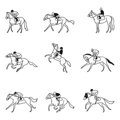 Horse racing set in line art drawing style. Black linear sketch isolated on white background. Vector illustration