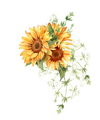 Sunflower clipart. Watercolor floral illustration. Yellow flowers for rustic wedding design, thanksgiving decoration, fabric, greeting cards, ets. Elements isolated on white background