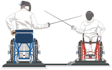 para sports paralympic fencing, physical disabled male fencers sitting in wheelchair en garde position, isolated on a white background