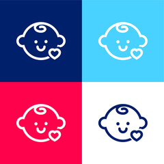 Baby Head With A Small Heart Outline blue and red four color minimal icon set