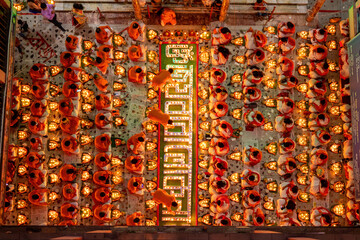 View of many people praying in a mosque burning incense before breaking the fasting during Rakher Upobash festival, Narayanganj, Bangladesh.