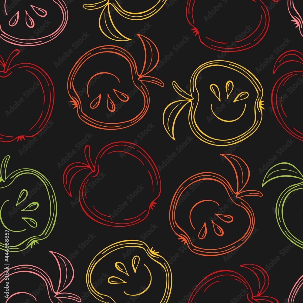 Aufkleber dark vector seamless pattern with multicolor contour apples and slice apples.
