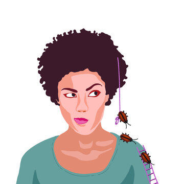 A girl with her cockroaches. Vector illustration.