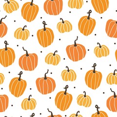 Печатьseamless vintage pumpkin pattern . white background. cute orange pumpkins. black dots. vector texture. fashionable print for textiles and wallpaper.
