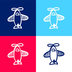 Airplane Hand Drawn Toy From Top View blue and red four color minimal icon set