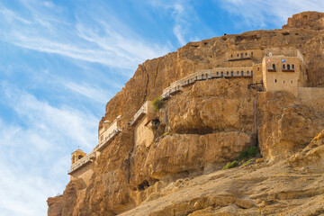 The Monastery of the Temptation and The Mount of Temptation in Jericho, Palestine. Greek Orthodox monastery. Judean desert - obrazy, fototapety, plakaty