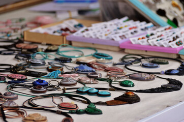 The decorations lie on the counter in the gift shop close up with a copy space. Russia Kazan 24.04.2021. High quality photo