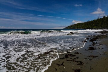 Mystic Beach shoreline with blue sky, trees, rocks and surf.  Iconic scene from the west coast of Vancouver Island, British Columbia, Canada. 