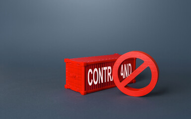 Red cargo ship container with the word Contraband. Fight against drug trafficking, counterfeiting and duty-free import, a threat to the security of the economy. Violation of sanctions.