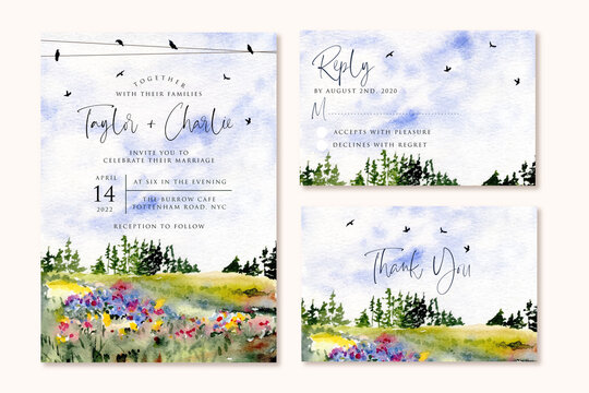 wedding invitation with beautiful landscape watercolor