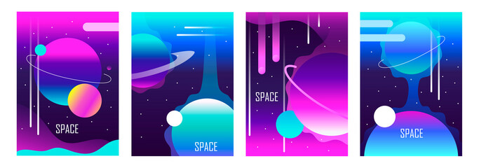 Set of abstract futuristic space backgrounds. Template for banner, poster, flyer, brochure, cover, card. Gradient, planets and stars. Modern design. Vector illustration. EPS 10 © sweet kiwi