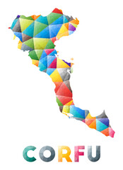Corfu - colorful low poly island shape. Multicolor geometric triangles. Modern trendy design. Vector illustration.