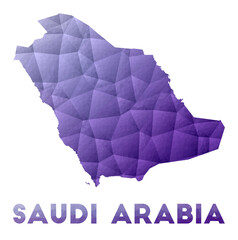 Map of Saudi Arabia. Low poly illustration of the country. Purple geometric design. Polygonal vector illustration.