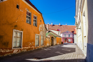 Exterior of an orange painted old house in the historical center of Tallinn, Estonia, Eastern Europe