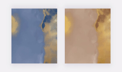 Blue and brown with golden watercolor texture. Vector design backgrounds for banners, cards, invitations
