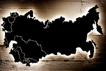 An old black map of the Soviet Union, Russia and 15 republics hangs on a cracked concrete wall
