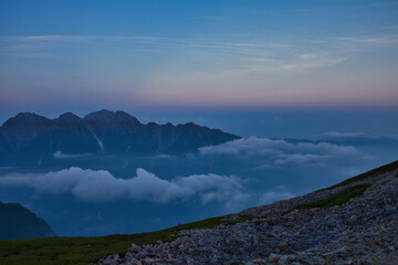 Obraz premium Mt.Kasagatake, evening view 夏の北アルプス笠ヶ岳からの夕景