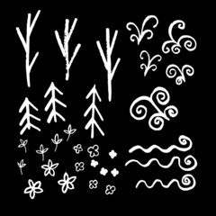 A set of vector images of stylized trees and flowers. White on a black background. Hand drawing. Ink brush. Brush strokes. Doodle