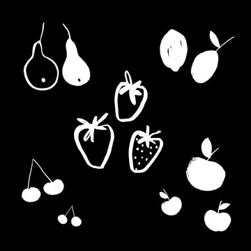 Set of vector images of summer fruits: strawberries, cherries, apples, plums, lemon. White on a black background. Hand drawing. Ink brush. Brush strokes. Doodle