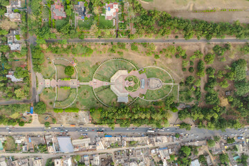 Aerial view of Jharkhand War Memorial with War Memorial rose garden, Ranchi, Jharkhand, India.