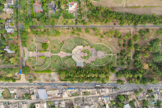 Aerial view of Jharkhand War Memorial with War Memorial rose garden, Ranchi, Jharkhand, India.