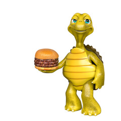 turtle cartoon is holding a triple burger