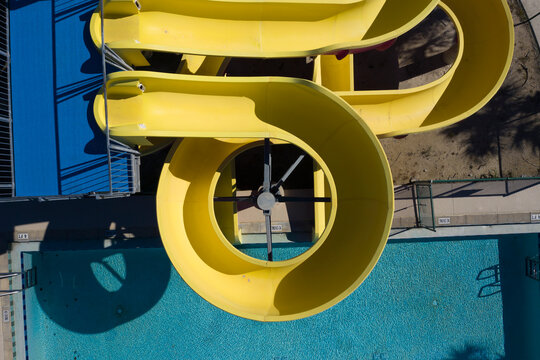 Aerial view of a yellow water slide at North County Aquatic Park, Sebastian, Florida, United States.
