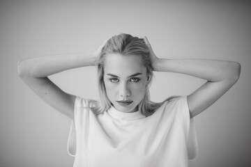 Fototapeta premium Girl model tests. Black and white photo.