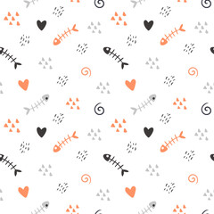 Seamless pattern in scandinavian style. Cute pattern with fish skeleton, abstract elements. Orange, grey, black and white palette. Background in minimalism.Ideal for printing baby textiles, fabrics
