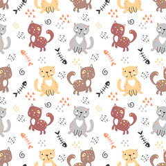 Seamless pattern with cute cats.Different characters and fish skeleton. Nursery vector hand-drawn illustration in simple Scandinavian style. Pastel palette ideal for printing baby textiles, fabrics