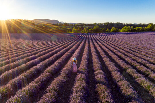 Aerial view of a woman with curly hair wearing a hat in a dreamy lavender field looking at the sunset over the mountains, Puy de Dome, Auvergne, France.