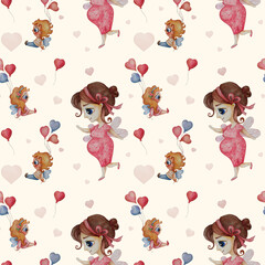 Happy pregnancy seamless pattern. Cute pregnant fairy girl on a gentle pink background with angel children, balloons and hearts. Watercolor for design, decor, wallpaper, packaging, textiles and print