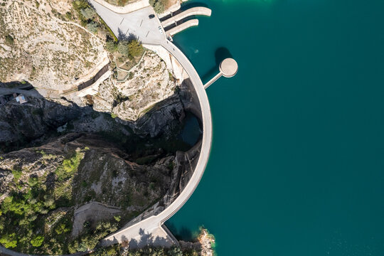 Aerial view of the Dam at Embalse de Quentar lake near Granada, Andalusia, Spain.