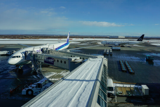 Airplane stop for support service and transfer passenger, this picture was capture at airport waiting hall New Chitose International Airport, Hokkaido