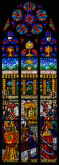 Stained-glass window depicting the Eucharistic Congress in Vienna in 1912. Votivkirche – Votive Church, Vienna, Austria. 2020-07-29.