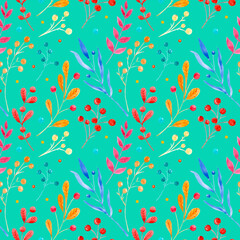 Fototapeta na wymiar Seamless raster watercolor pattern. Floral ornament made of branches and leaves of different shapes and colors. Plant branches with leaves and berries in the green background.