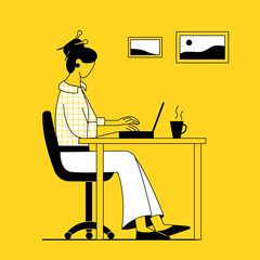 Fototapeta premium A freelance woman sits at home at a table in front of a laptop and works, studies remotely, online