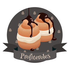Profiteroles traditional French dessert. Colorful vector illustration.