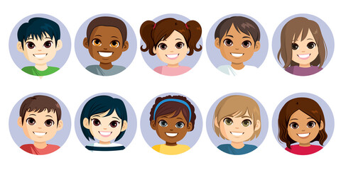 Collection of happy diverse little children smiling face avatar - obrazy, fototapety, plakaty