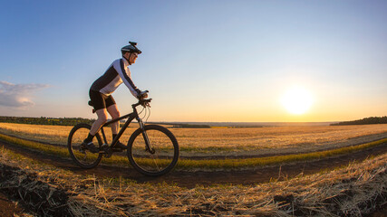 Obraz premium The cyclist rides a bike on the road near the field against the backdrop of the setting sun. Outdoor sports. Healthy lifestyle.