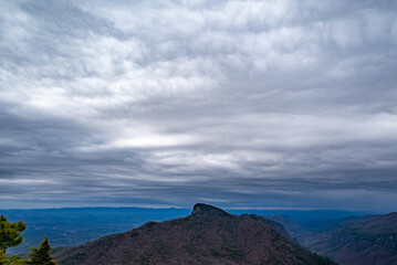 View of Table Rock and Linville Gorge Wilderness, North Carolina, on overcast cloudy day, winter, nature, trees, Blue Ridge mountains