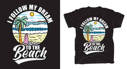 Beach palms surfboard and waves illustration with typography t-shirt design