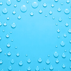Square Frame of Water drops on a pastel blue background. Water texture close up. Backdrop glass covered with drops of water. Water bubbles.